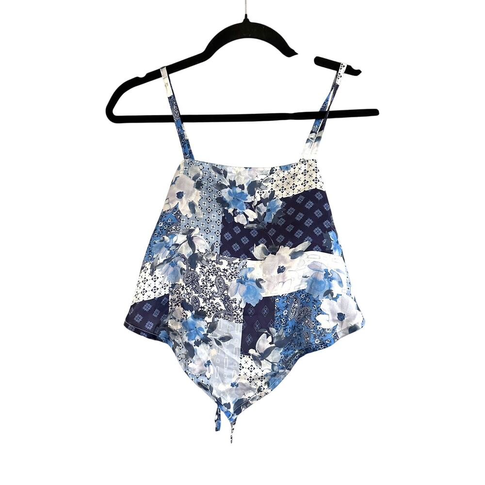 THIRTY/THIRTY Blue Patchwork Print Boho Bandana Handkerchief-Style Top - Sz XS